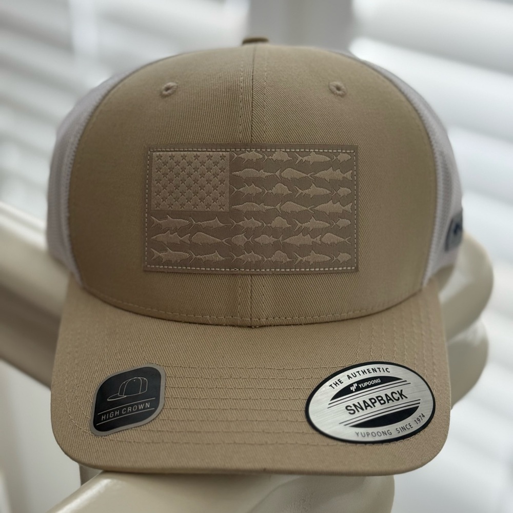 Columbia Tan Snapback Cap with Fish Flag Design